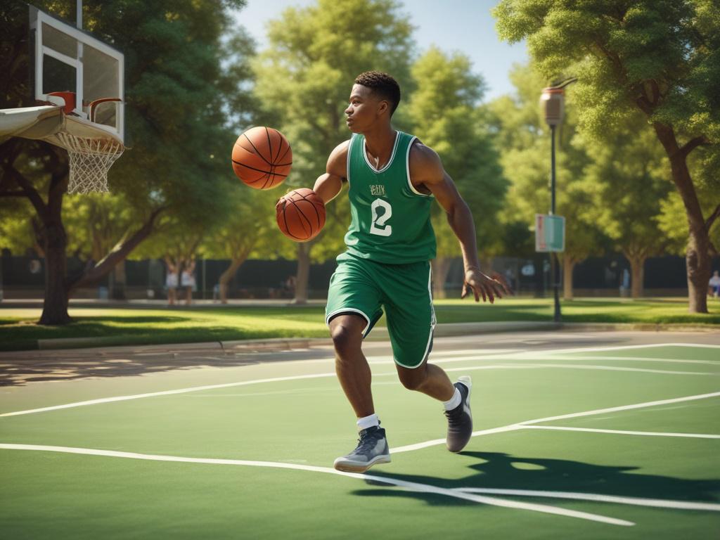 A young athlete dribbling a basketball on a well maintained