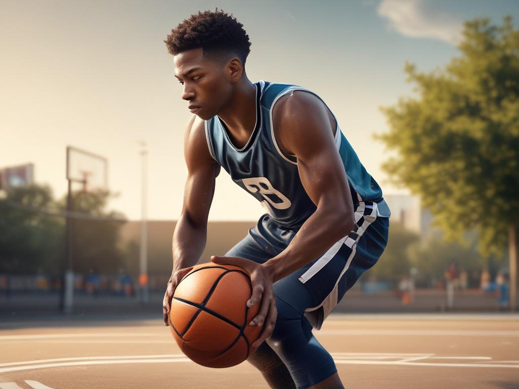 A young basketball player practicing dribbling skills on an outdoor court. The scene captures the player in a dynamic pose, showcasing a focused expression while dribbling the ball. The background features a clear blue sky and minimalistic wooden bleachers, emphasizing the player's dedication. The color scheme includes bold vibrant colors, particularly using the primary color rgb(69, 10, 186) in the player's jersey and basketball, creating a striking visual.