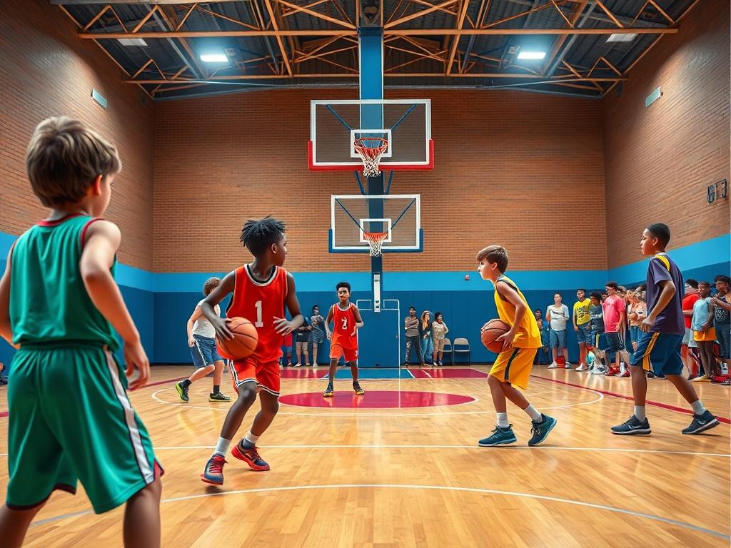A vibrant scene at Millwood Elementary showcasing a group of young players engaged in a 4v4 basketball game under bright lights. The players are wearing colorful jerseys, and one of them is dribbling the ball while another is preparing to make a move. The background features a basketball hoop and a cheering crowd. The atmosphere is lively and energetic, capturing the excitement of youth sports.