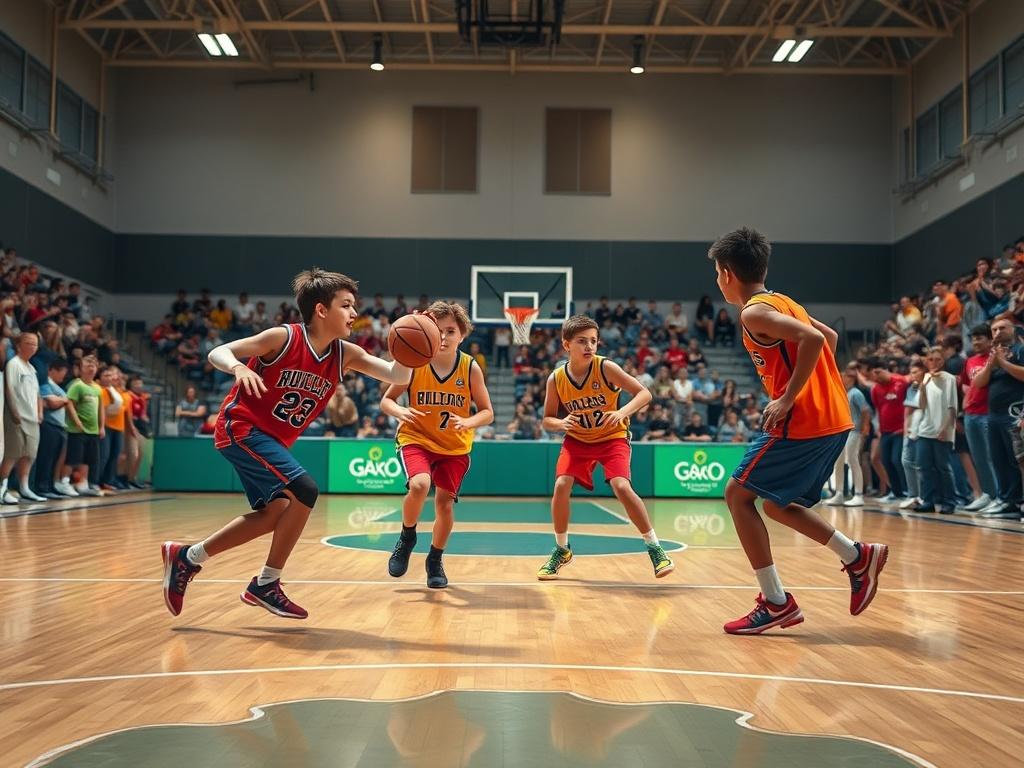 A vibrant image of young athletes engaged in a friendly 4v4 basketball game on an indoor court. The focus is on four players dribbling and passing a basketball, showcasing their energy and teamwork. The background features a cheering crowd and bright gymnasium lights, creating an exciting atmosphere. The players wear colorful jerseys, and the scene captures the essence of youth sports and camaraderie.