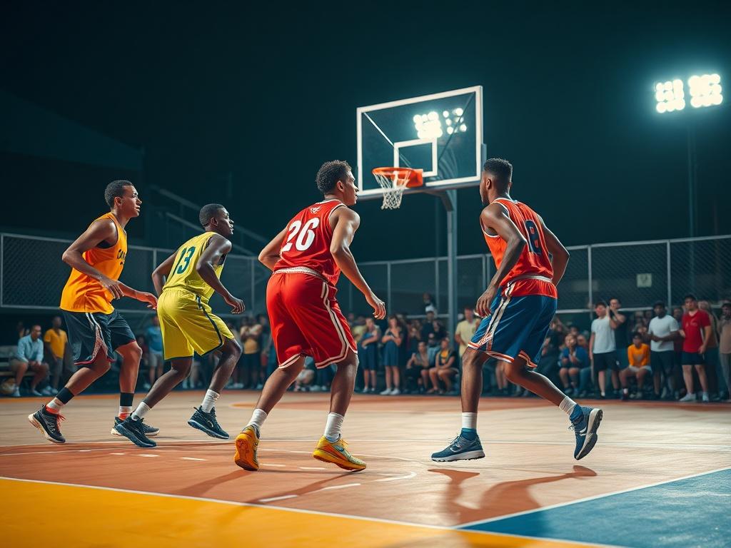A vibrant and energetic scene of a night basketball game, featuring a group of four players engaged in a 4v4 match on an outdoor court. The players display intense focus and athleticism, wearing colorful jerseys and a variety of basketball shoes. The background shows bright floodlights illuminating the court, and a cheering crowd can be seen in the shadows, creating an atmosphere of excitement. The composition is clear and dynamic, capturing the essence of a lively basketball night.