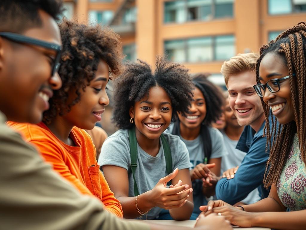 A vibrant close up of a diverse group of young