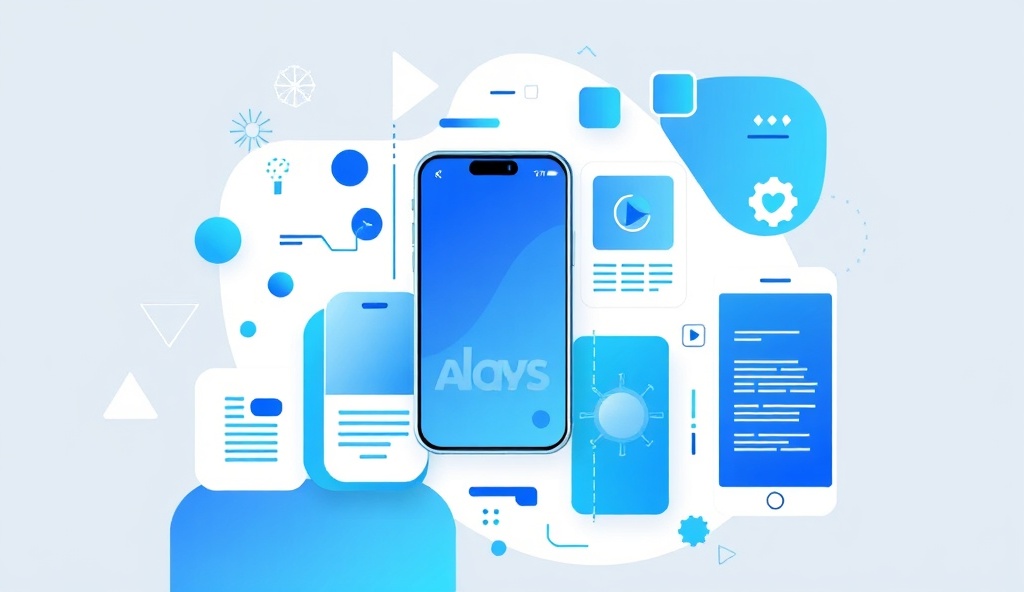 Tech illustration showing mobile apps and web interfaces