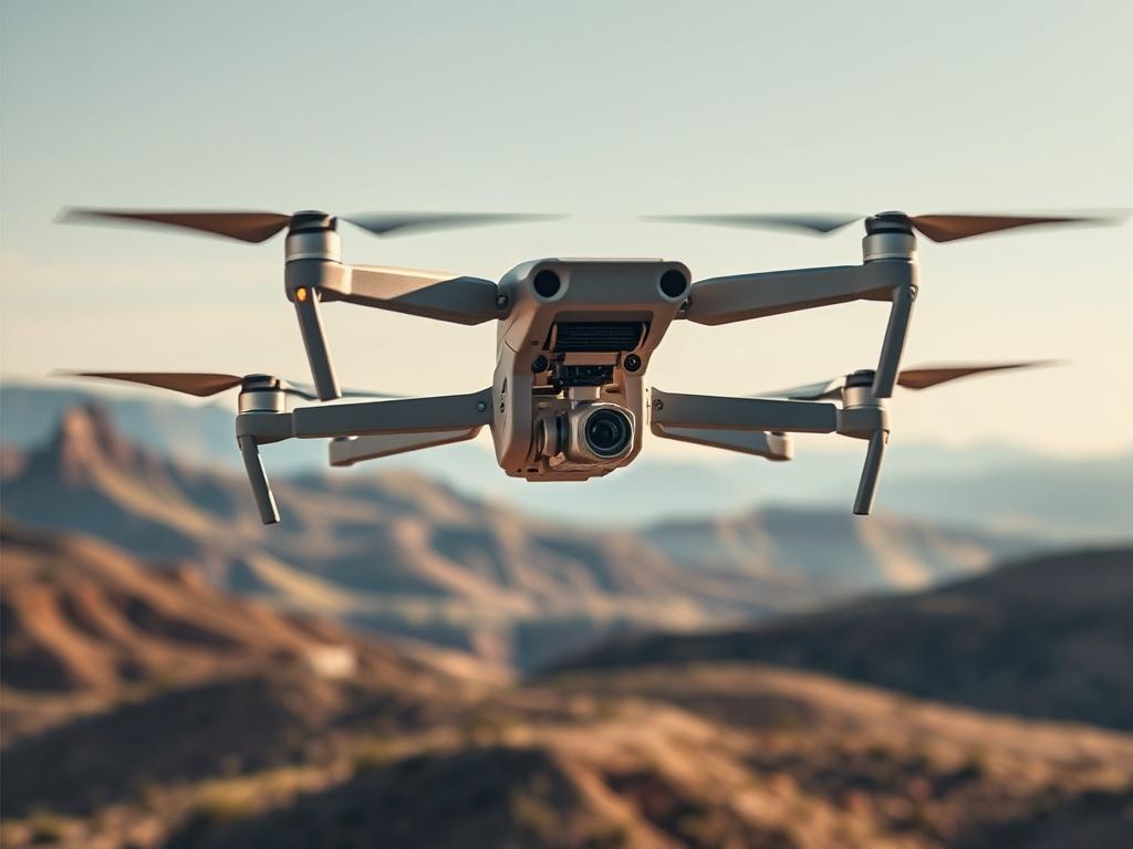 Create a realistic high-resolution photo depicting a state-of-the-art drone in action, specifically designed for border surveillance. The composition should be simple and clear, featuring only the drone as the main subject, which is flying at a slightly elevated angle to showcase its design and technology. The background should feature a picturesque yet rugged border landscape, with rolling hills, distant mountains, and a serene sky, emphasizing a natural yet vigilant atmosphere. 

The drone should have a sleek, modern appearance, with visible camera equipment and sensors, highlighting its advanced technology for enhancing border security. The lighting should be natural, with gentle sunlight illuminating the drone, creating a sense of purpose as it surveys the area below. 

The scene should evoke a sense of safety and vigilance, illustrating the crucial role drones play in improving border surveillance efforts. Avoid any text or abstract shapes in the image, focusing solely on the realism and detail of the drone within its environment.