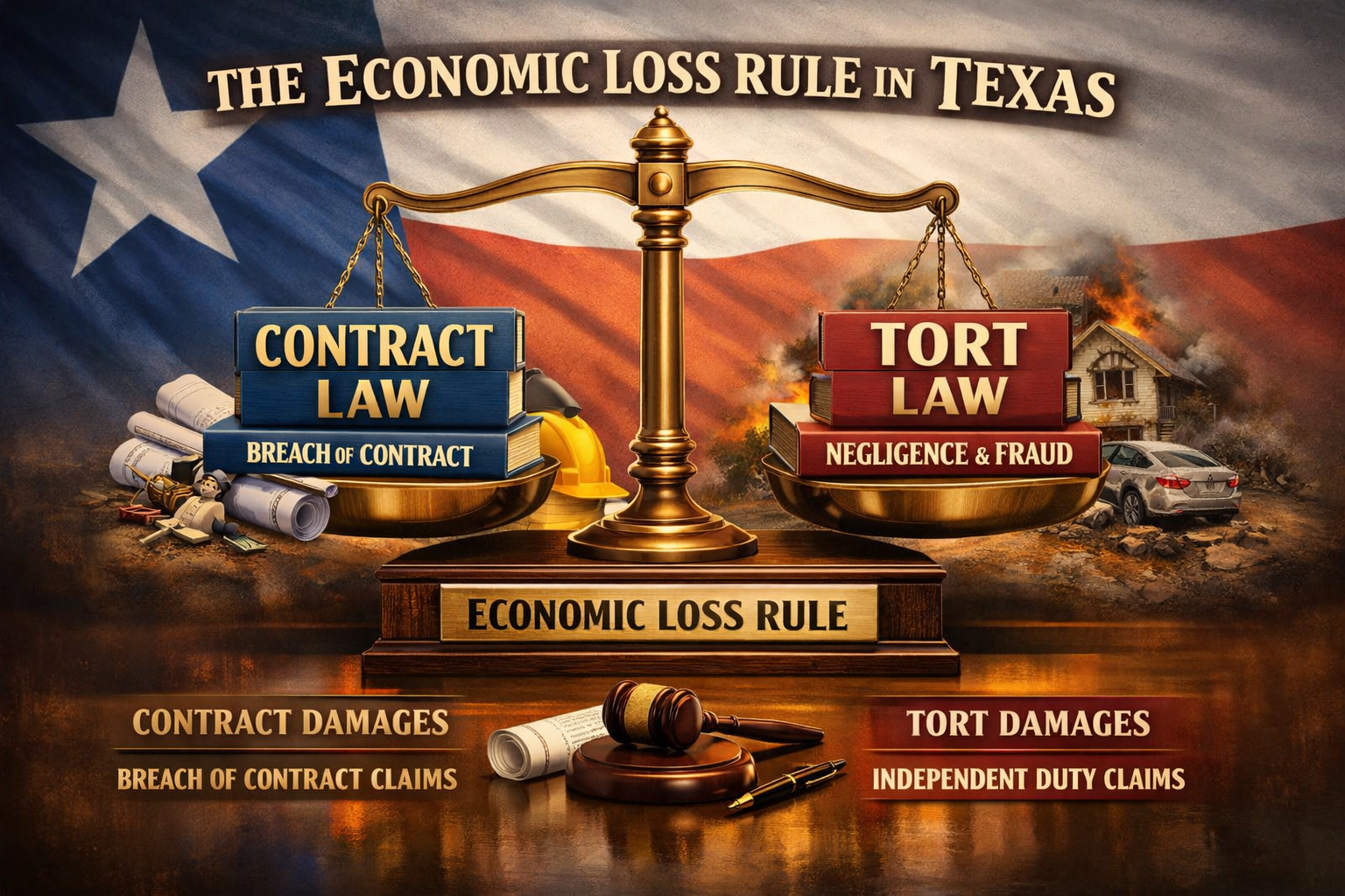 Legal scales balancing contract law and tort law, representing the economic loss rule in Texas civil litigation.