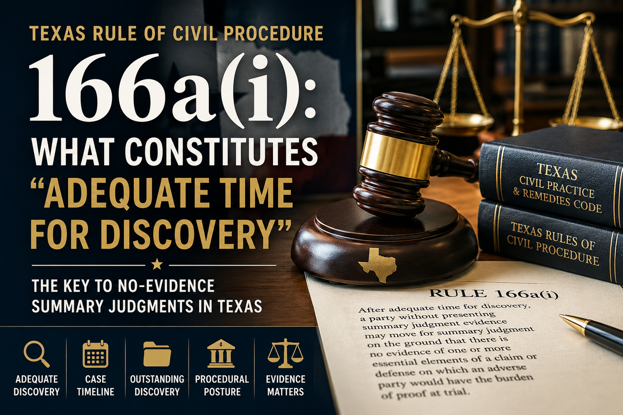Professional legal blog graphic illustrating Texas Rule of Civil Procedure 166a(i) and the concept of “adequate time for discovery.” The image features a judge’s gavel, scales of justice, Texas legal reference books, and a legal document displaying Rule 166a(i). Bold text highlights the question of what constitutes an adequate time for discovery before a no-evidence summary judgment in Texas litigation. Icons representing case timelines, discovery, procedural posture, and evidence appear along the bottom