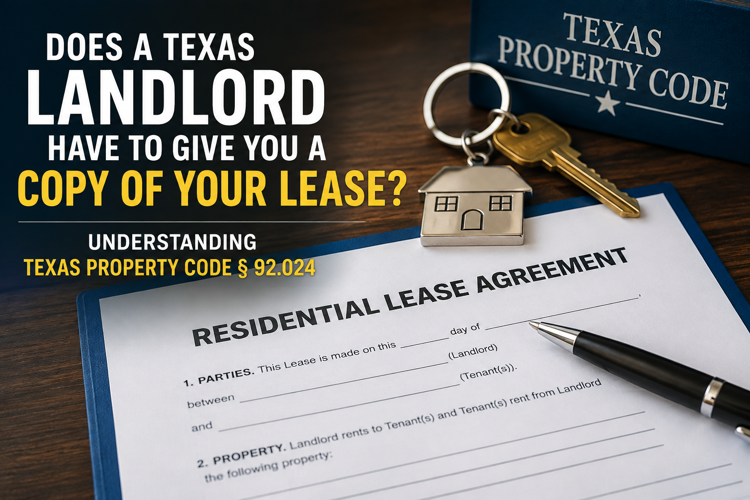 Texas residential lease agreement with house keys illustrating a landlord’s duty to provide tenants a copy of the lease under Texas Property Code § 92.024.