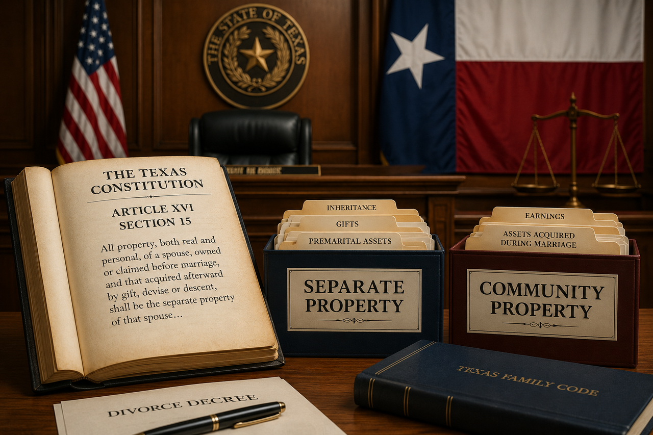 Texas courtroom displaying the Texas Constitution opened to Article XVI, Section 15 beside separate property and community property files, illustrating constitutional protections for marital property during a Texas divorce.