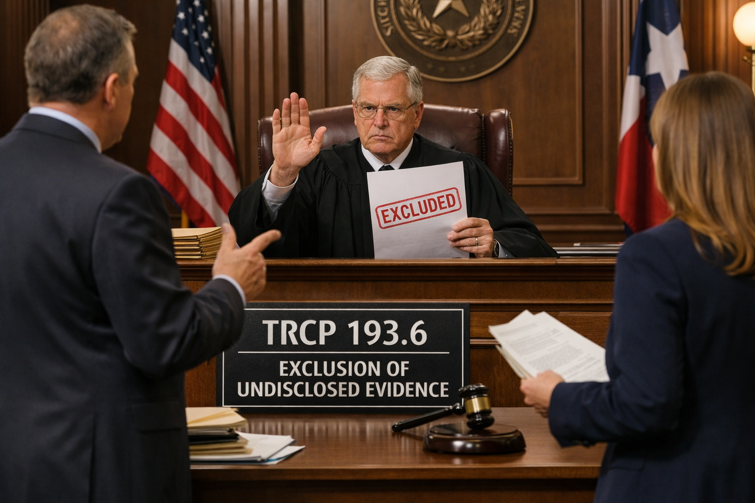 A courtroom scene with a judge excluding evidence while attorneys argue over late discovery disclosures, representing Texas Rule of Civil Procedure 193.6.
