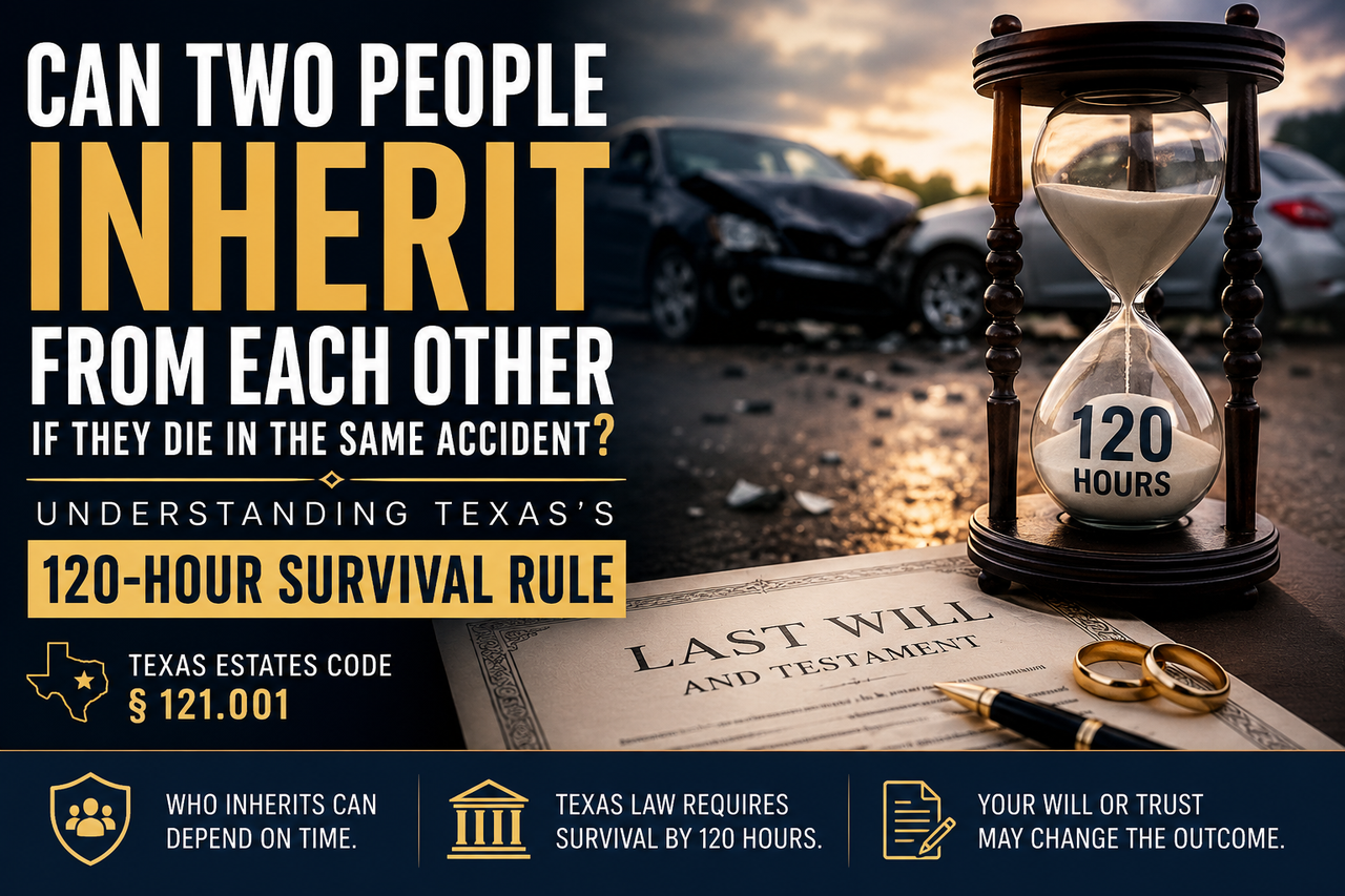 Professional legal illustration depicting an hourglass labeled "120 Hours" beside a last will and testament, wedding rings, and two crashed vehicles, symbolizing Texas's 120-hour survival rule under Texas Estates Code § 121.001. The image represents how survival time after a common accident can affect inheritance, probate, wills, and estate planning in Texas.