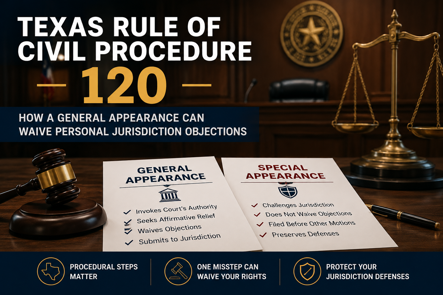 Professional legal infographic illustrating Texas Rule of Civil Procedure 120. The image features a courtroom backdrop with a judge’s bench, Texas seal, scales of justice, and a gavel. Two documents labeled 'General Appearance' and 'Special Appearance' sit on a conference table, contrasting the legal consequences of each. The graphic explains how a general appearance may waive personal jurisdiction objections, while a special appearance preserves jurisdictional challenges.