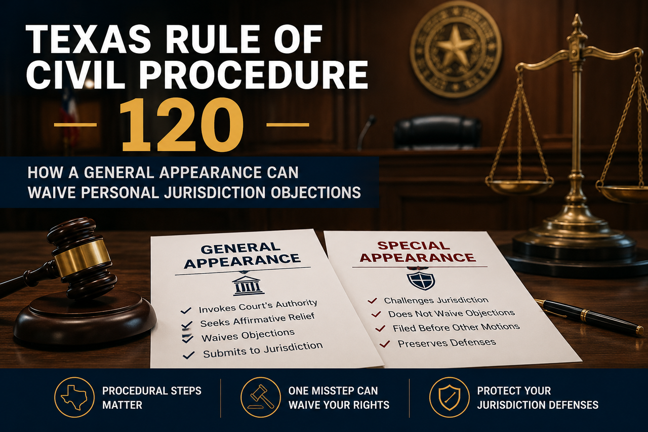 Professional legal infographic illustrating Texas Rule of Civil Procedure 120. The image features a courtroom backdrop with a judge’s bench, Texas seal, scales of justice, and a gavel. Two documents labeled 'General Appearance' and 'Special Appearance' sit on a conference table, contrasting the legal consequences of each. The graphic explains how a general appearance may waive personal jurisdiction objections, while a special appearance preserves jurisdictional challenges.