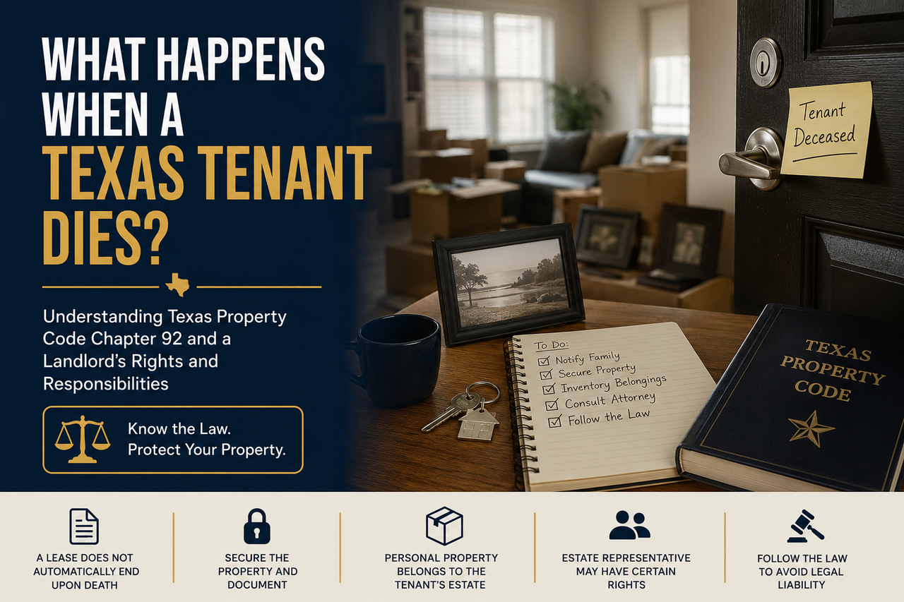 A professional legal blog banner illustrating what happens when a Texas residential tenant dies. The image features the headline "What Happens When a Texas Tenant Dies?" alongside a staged apartment containing moving boxes, family photographs, keys, a legal checklist, and a Texas Property Code book. A note on the apartment door reads "Tenant Deceased," while icons along the bottom highlight key legal concepts