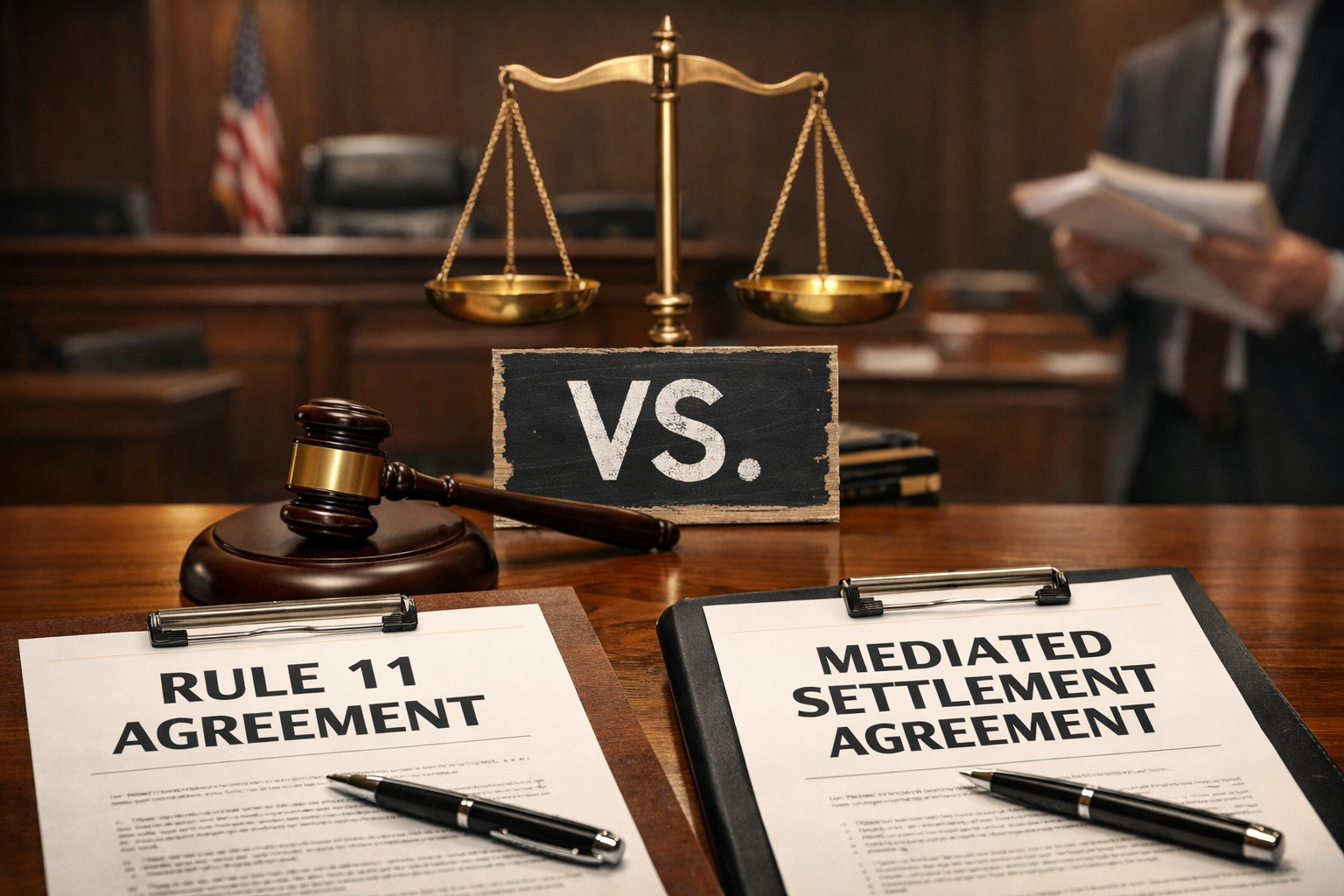 Attorney reviewing settlement agreement documents in a Texas courtroom, illustrating the distinction between Rule 11 agreements and mediated settlement agreements.