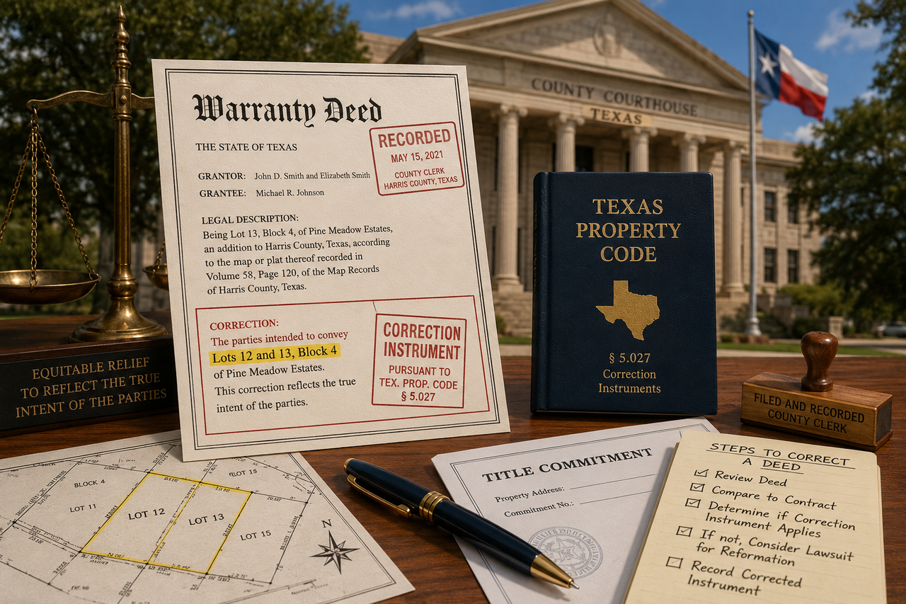 A professionally staged Texas real estate law scene featuring a recorded warranty deed marked for correction, a copy of the Texas Property Code referencing correction instruments, a courthouse with a Texas flag in the background, a property survey highlighting lot boundaries, title documents, a filing stamp, and legal office accessories. The image illustrates deed reformation, correction instruments, title disputes, and the legal process for correcting errors in recorded real estate documents under Tex law.