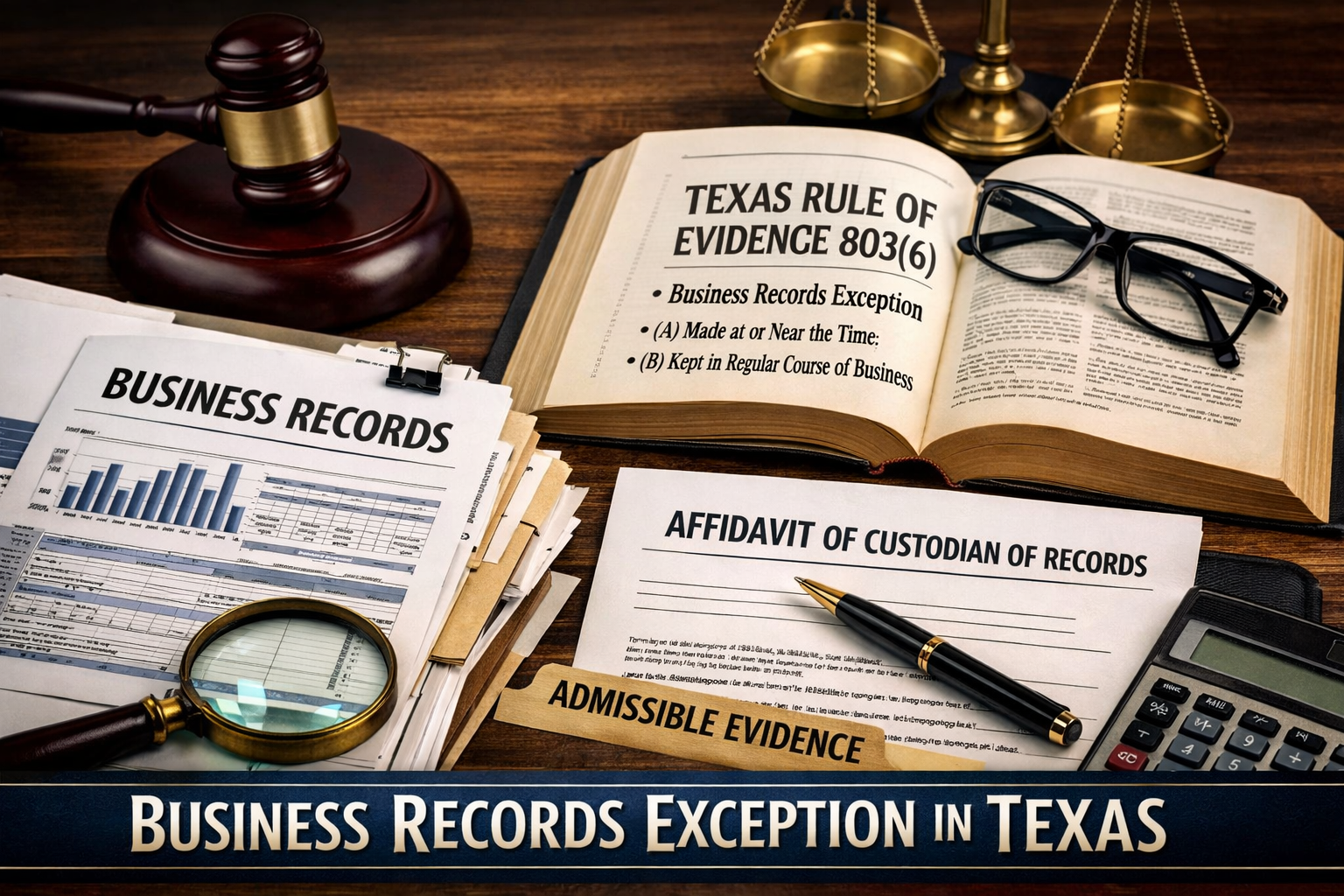 Stack of organized business records and legal documents on a desk with a gavel in the background, representing evidentiary proof in Texas litigation.