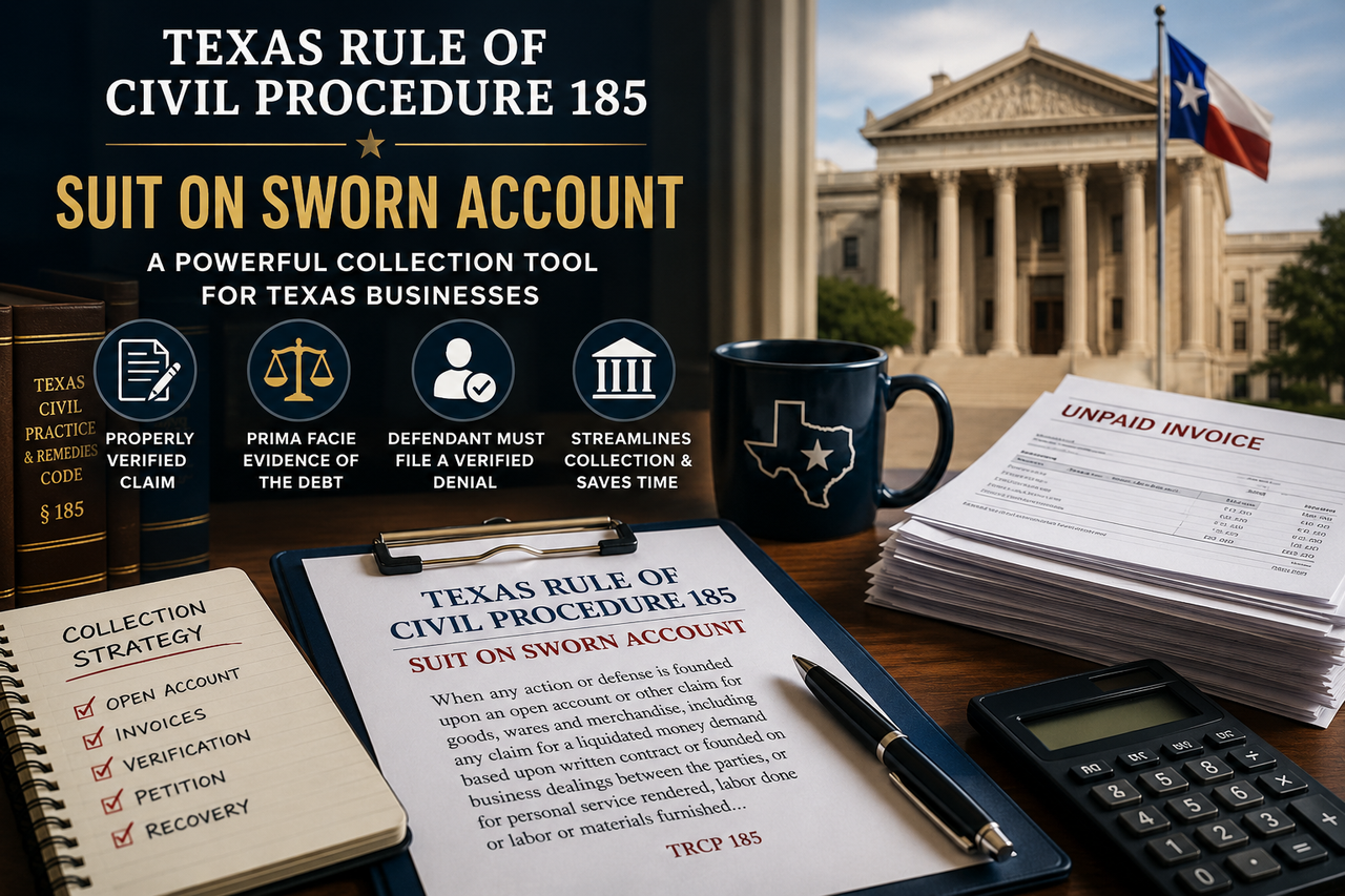 Texas Rule 185 Suit on Sworn Account illustration showing unpaid invoices, legal documents, courthouse, and Texas debt collection concepts for business litigation.