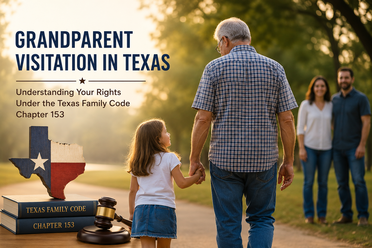 Texas grandparent visitation concept showing a grandparent walking with a grandchild beside legal symbols including a judge's gavel, the Texas Family Code, and the Texas state outline, representing family law and visitation rights.