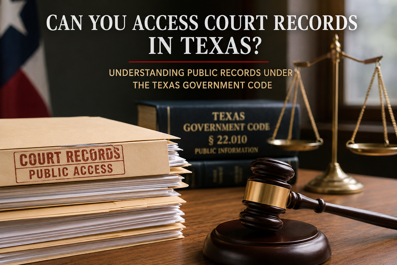 A professional legal-themed graphic illustrating public access to Texas court records. A wooden judge's gavel rests beside a stack of court files labeled "Court Records – Public Access," with the scales of justice and a Texas Government Code law book in the background. The image includes the title, "Can You Access Court Records in Texas? Understanding Public Records Under the Texas Government Code," symbolizing transparency in the Texas judicial system