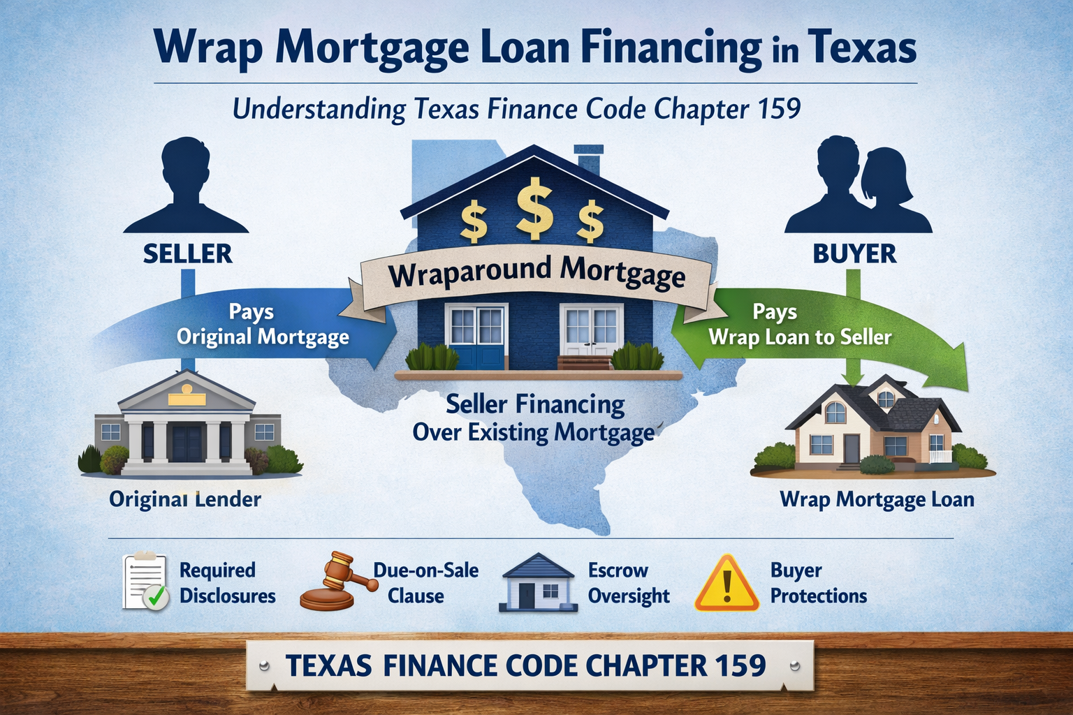 Diagram explaining wrap mortgage loan financing in Texas, showing seller financing layered over an existing mortgage under Texas Finance Code Chapter 159