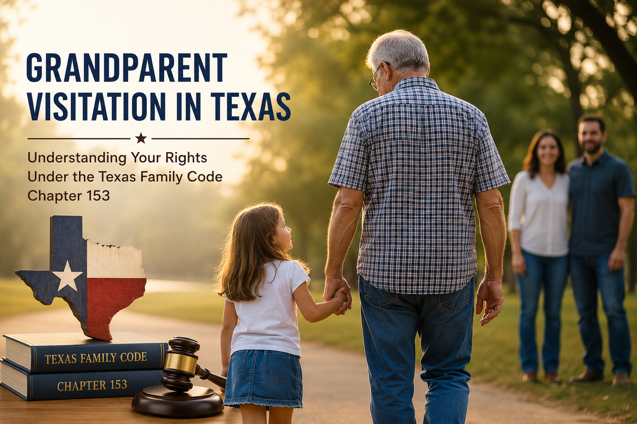 Texas grandparent visitation concept showing a grandparent walking with a grandchild beside legal symbols including a judge's gavel, the Texas Family Code, and the Texas state outline, representing family law and visitation rights.
