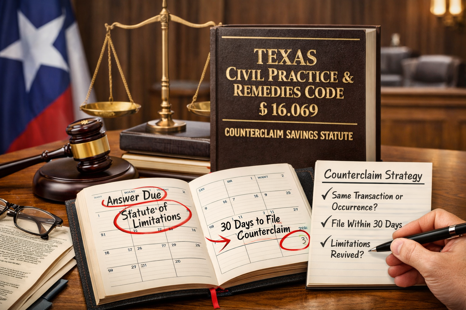 Lawyer reviewing litigation timeline with statute of limitations calendar and counterclaim strategy notes in a Texas courtroom setting.