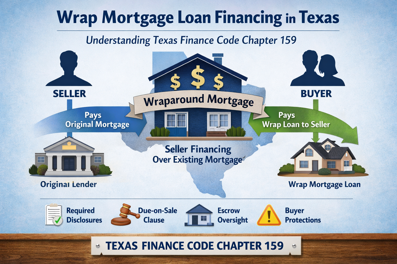 Diagram explaining wrap mortgage loan financing in Texas, showing seller financing layered over an existing mortgage under Texas Finance Code Chapter 159