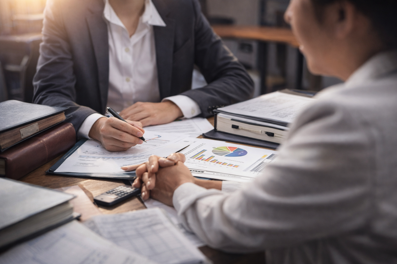 Texas divorce attorney consulting with client on financial records and property division strategy