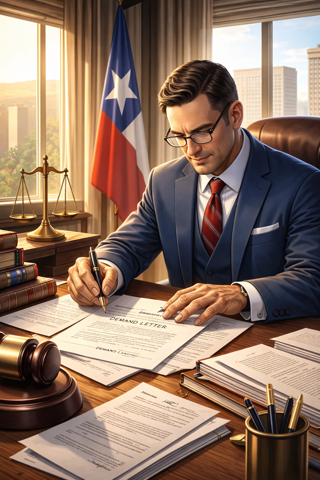 Texas attorney reviewing a formal legal demand letter and court documents at a desk with gavel and law books, representing pre-suit notice and civil litigation preparation under Texas law.