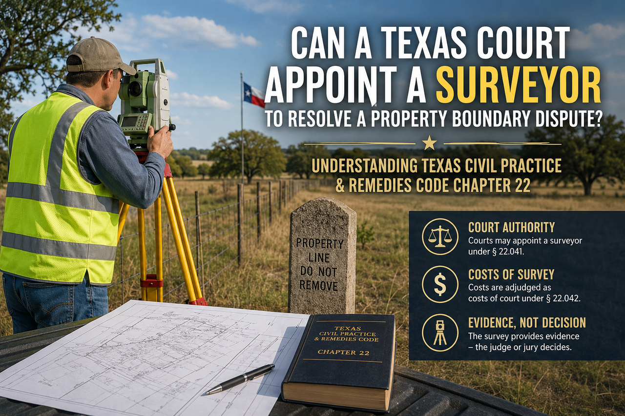 A licensed Texas land surveyor uses professional surveying equipment beside a rural property fence and boundary marker while reviewing survey plats. In the foreground, the Texas Civil Practice and Remedies Code Chapter 22 is displayed, symbolizing the authority of Texas courts to appoint surveyors during property boundary disputes. The image represents Texas real estate litigation, land ownership, boundary surveys, and property rights.