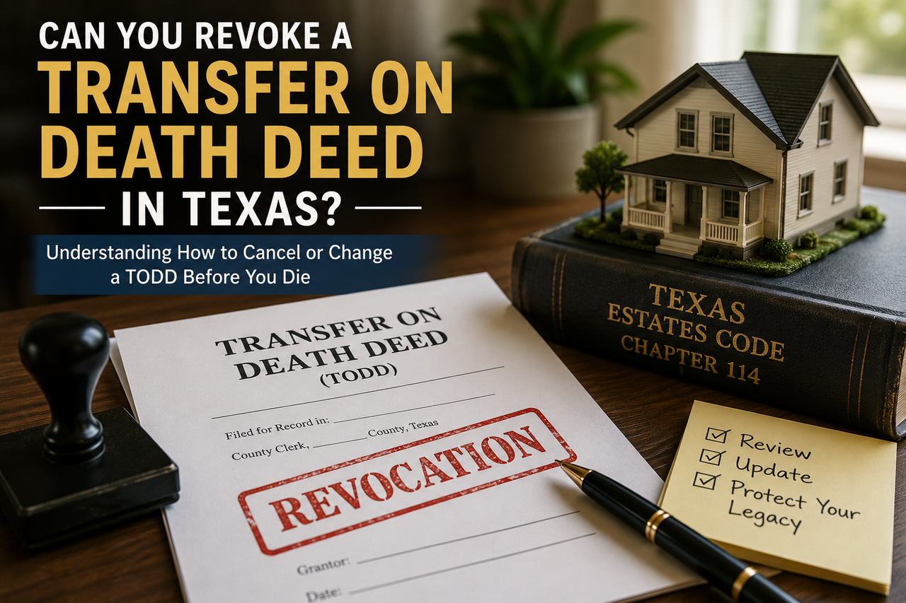 A professional legal-themed illustration depicting a Texas Transfer on Death Deed (TODD) stamped "Revocation" beside a model home resting on a book labeled "Texas Estates Code Chapter 114." A pen, notepad with an estate planning checklist, and official-looking documents emphasize the process of revoking or changing a Transfer on Death Deed in Texas before death. The image represents estate planning, probate avoidance, and Texas real estate law.