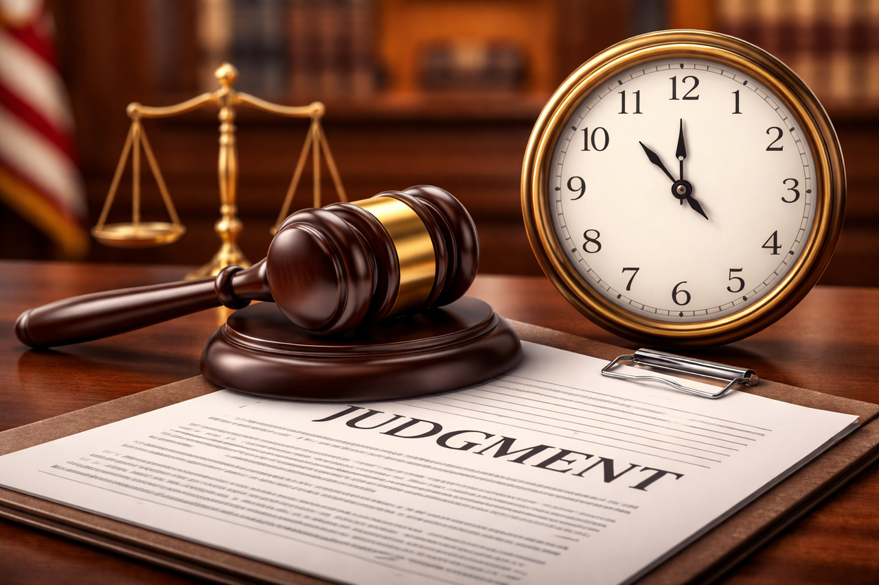 Illustration of a Texas courtroom with a judge’s gavel resting on a legal document labeled “Judgment,” alongside a clock symbolizing post-judgment deadlines under Texas Rule of Civil Procedure 329b governing motions for new trial and court plenary power.