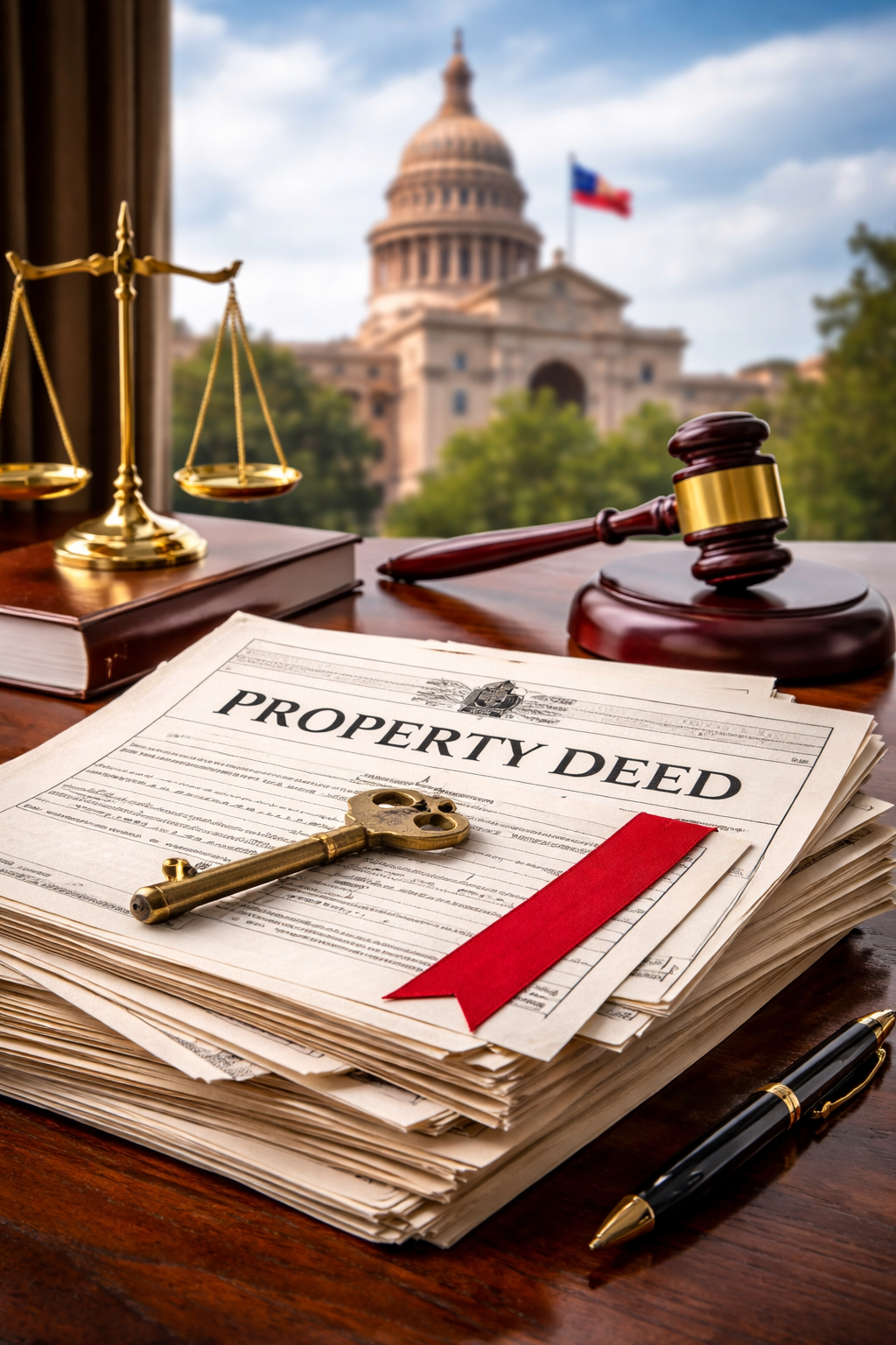 Texas courthouse with layered property deeds in the foreground, representing the bona fide purchaser doctrine and recording priority disputes under Texas Property Code § 13.001.