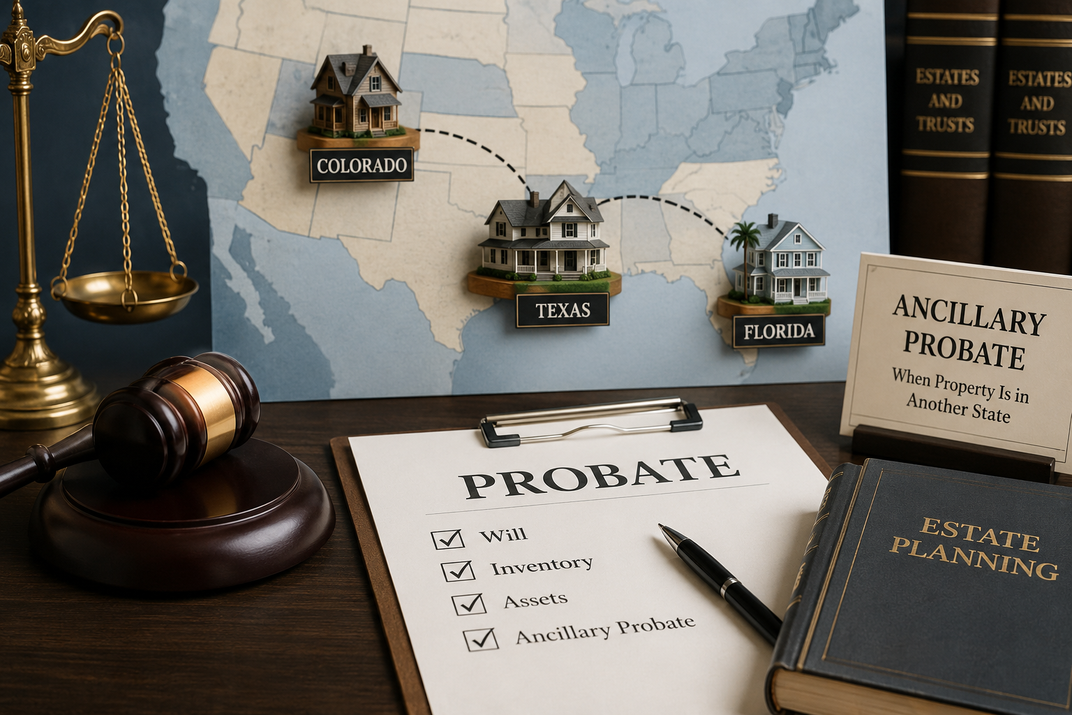 Ancillary probate concept image showing probate documents, legal symbols, and homes in multiple states connected on a U.S. map to represent multi-state estate administration.