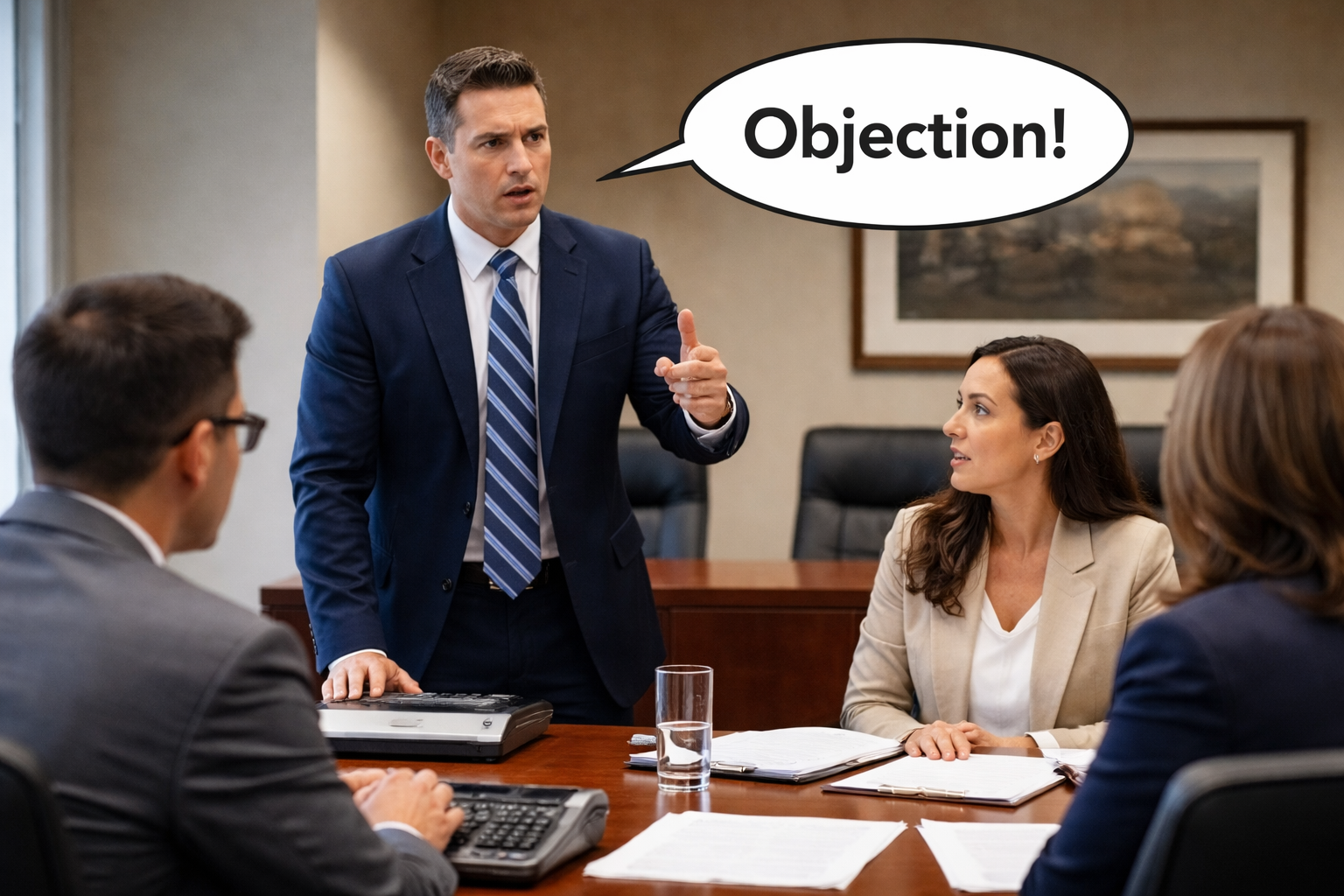A Texas courtroom scene showing an attorney objecting during a deposition, with a court reporter typing and a witness seated at a conference table, conveying the tension between proper and improper speaking objections under Texas law.