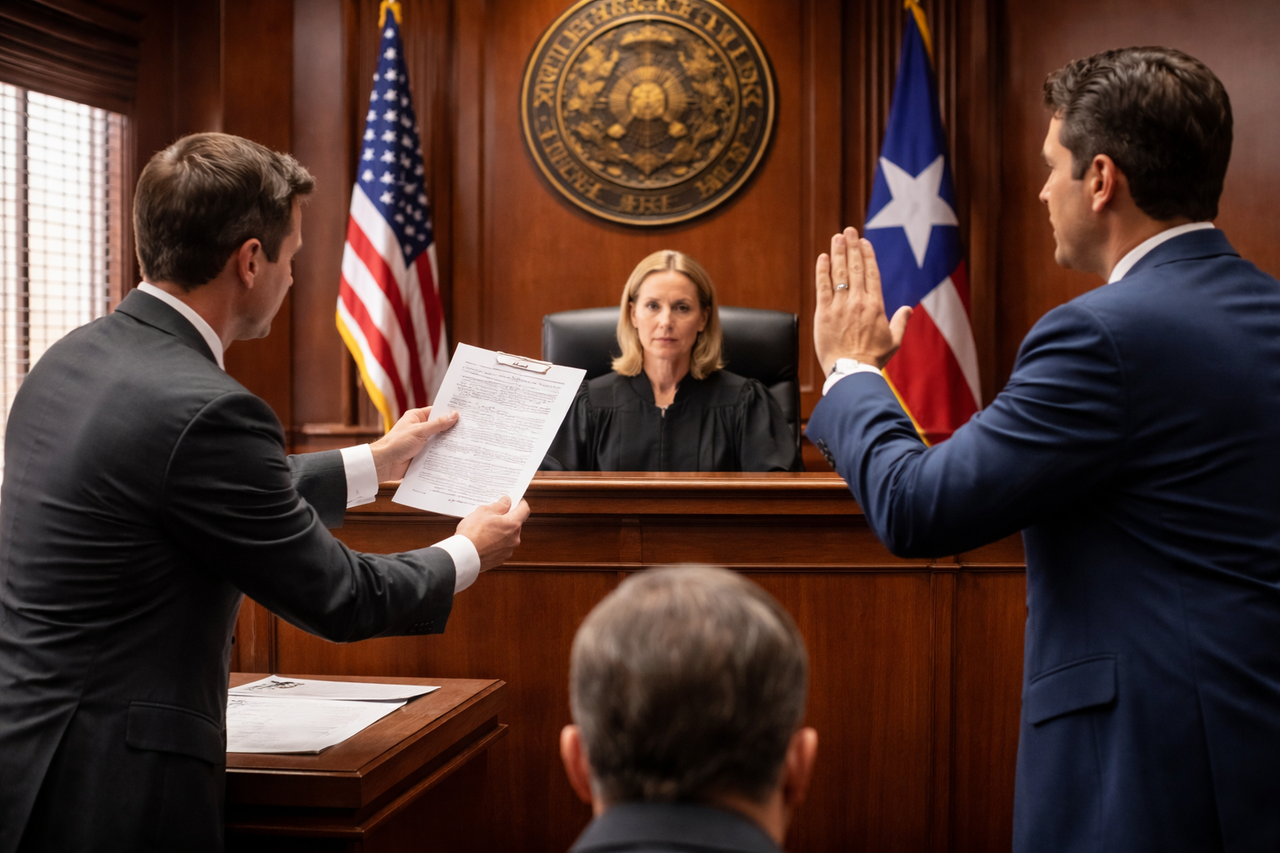 A Texas courtroom scene where an attorney presents a document to the judge while another attorney objects, symbolizing the Rule of Completeness and the requirement that full context be considered in legal evidence.
