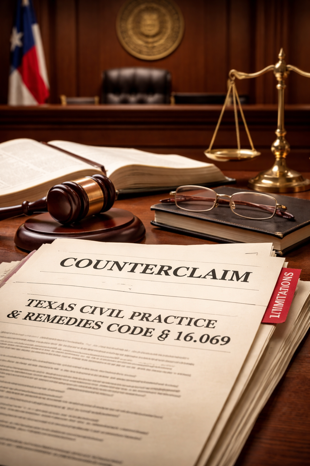Texas courtroom with legal documents representing counterclaims and statutes of limitations under Texas Civil Practice and Remedies Code § 16.069.