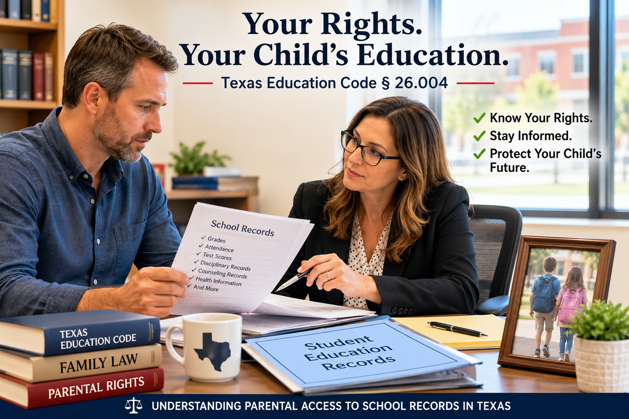 Parent meeting with a school administrator to review a child's educational records and parental rights under Texas Education Code § 26.004 following a divorce or child custody case.