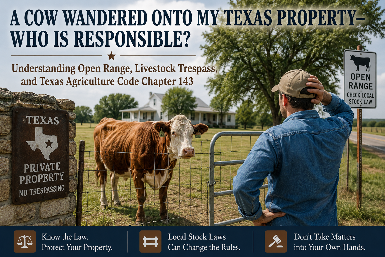 Photorealistic Texas rural scene showing a confused landowner looking at a cow that has wandered near his fenced property, with signs referencing private property and open-range laws, illustrating livestock trespass, local stock laws, fencing rules, and Texas Agriculture Code Chapter 143.
