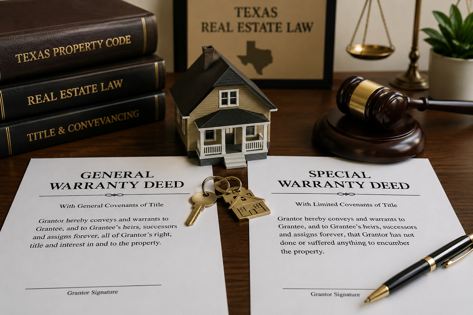General Warranty Deed and Special Warranty Deed documents displayed with a model house, keys, gavel, and Texas real estate law books, illustrating title warranties, property transfers, and real estate closing protections under Texas law.