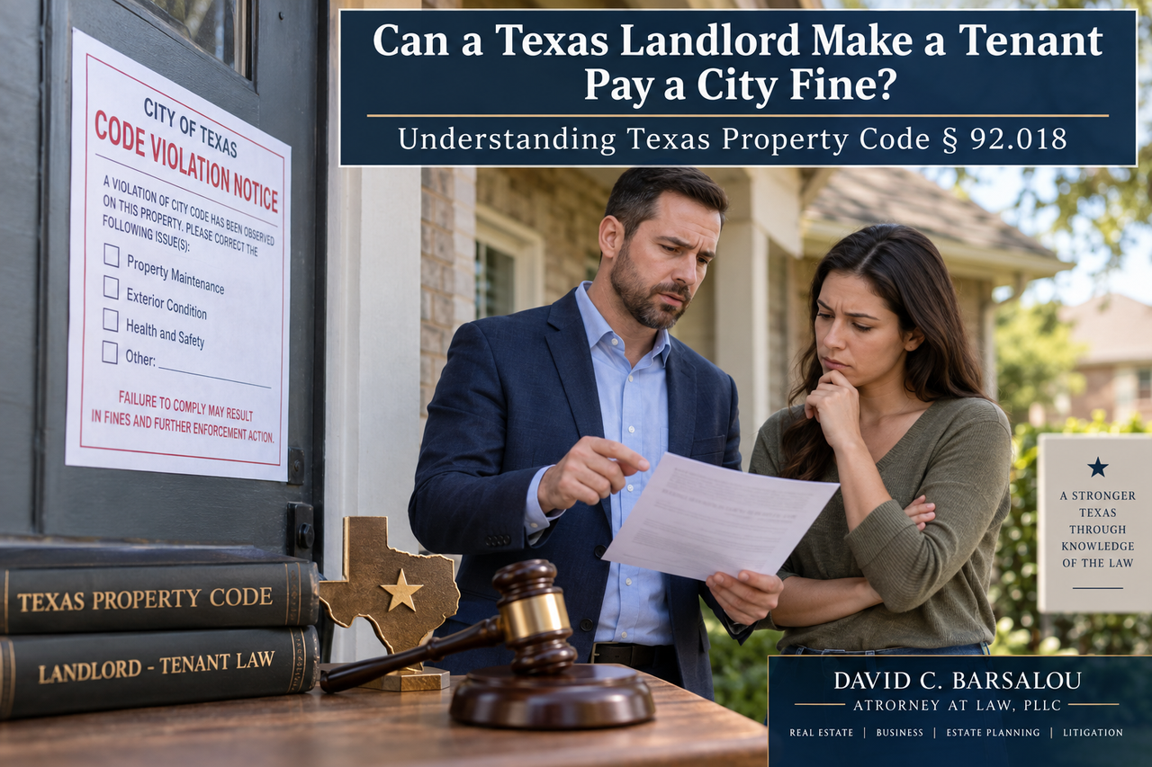 Texas landlord and tenant reviewing a city code violation notice and potential fine under Texas Property Code § 92.018.
