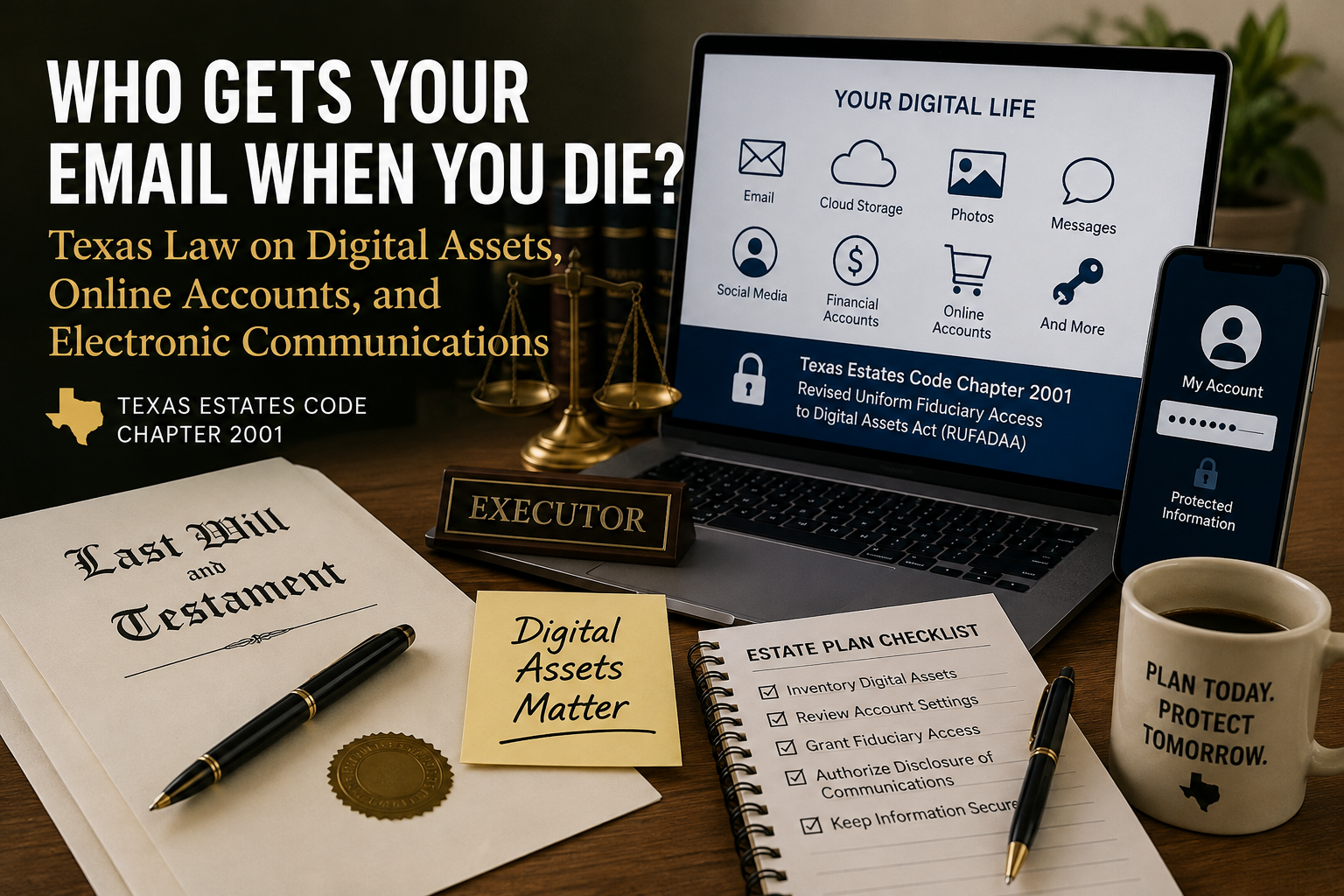 Texas digital estate planning illustration featuring a last will and testament, laptop displaying email, cloud storage, photos, social media and financial accounts, a password-protected smartphone, executor sign, scales of justice, and an estate-planning checklist under Texas Estates Code Chapter 2001.