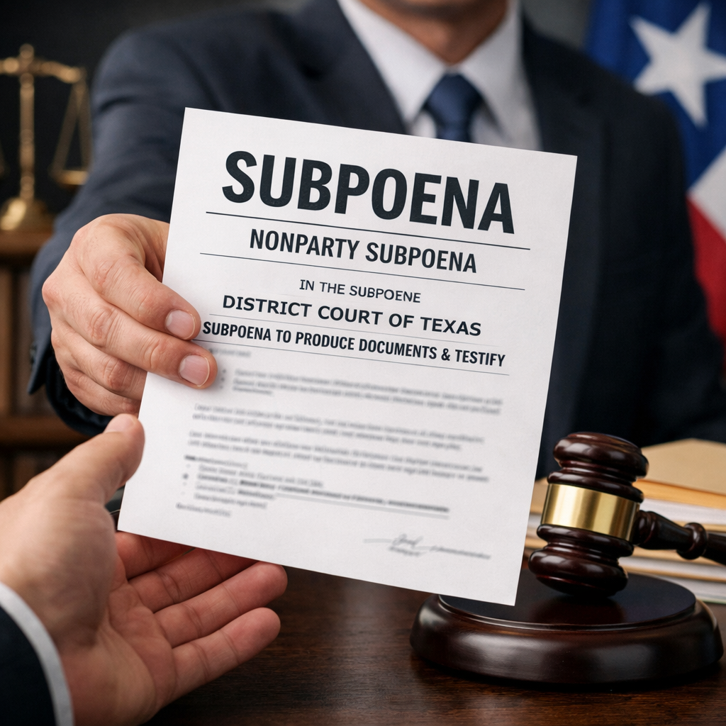 Close-up of a Texas legal subpoena being served to a nonparty, with the document labeled “Subpoena to Produce Documents & Testify,” a judge’s gavel on a desk, and a blurred Texas flag in the background symbolizing civil litigation and court authority.