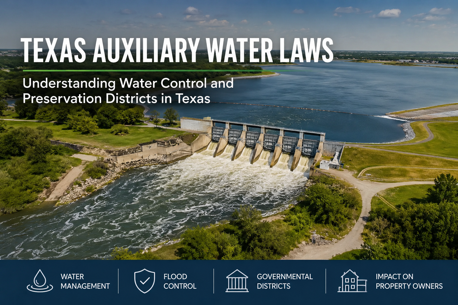 Aerial photograph of a Texas reservoir, dam, and spillway representing Water Control and Preservation Districts created under the Texas Auxiliary Water Laws to manage flood control, drainage, water resources, and public infrastructure.
