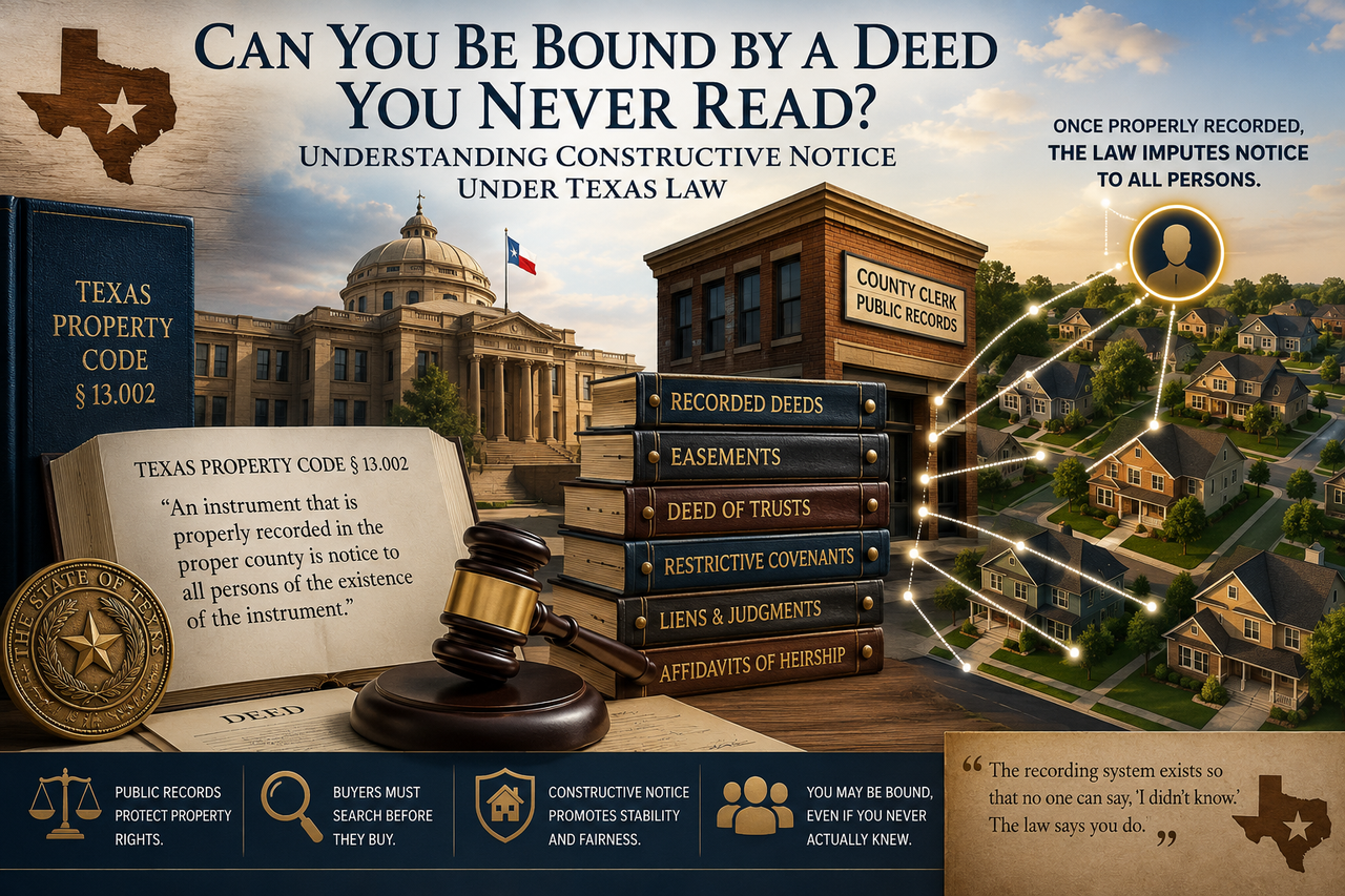 Illustration of the Texas State Capitol, a county clerk's public records office, recorded deeds, easements, liens, and neighborhood homes connected through public land records, illustrating the doctrine of constructive notice under Texas Property Code § 13.002 and how recorded real estate documents can affect Texas property ownership even if a buyer never actually reads them.
