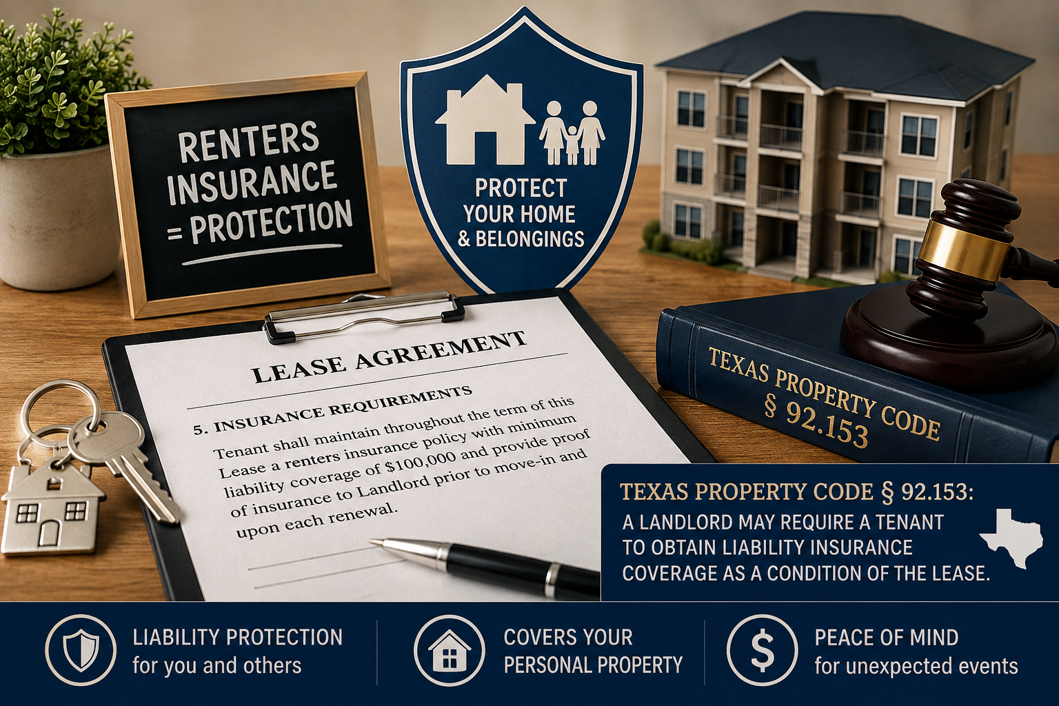 Texas residential lease agreement with renters insurance requirement, apartment building model, house keys, and Texas Property Code § 92.153, illustrating a landlord's right to require renters insurance under Texas law.