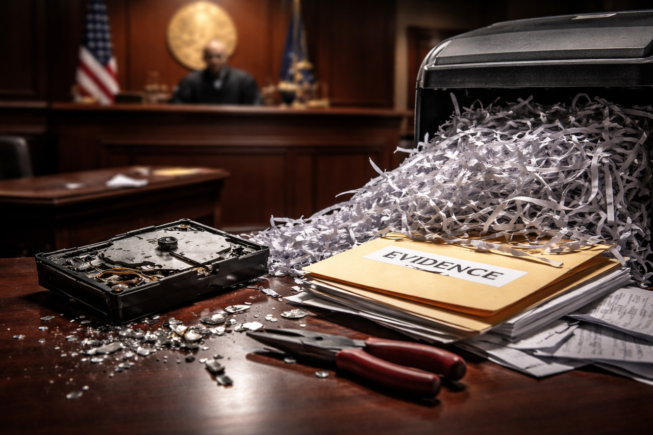 Shredded documents and a broken hard drive on a courtroom table symbolizing spoliation of evidence in Texas civil litigation.