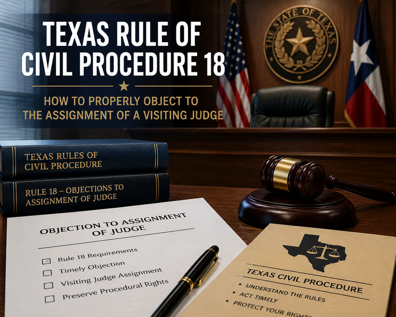 A professional legal illustration depicting a Texas courtroom with the judge's bench in the background, alongside the Texas and United States flags. In the foreground are law books labeled "Texas Rules of Civil Procedure," a judge's gavel, and a legal filing titled "Objection to Assignment of Judge." The image highlights Texas Rule of Civil Procedure 18 and the process for objecting to the assignment of a visiting judge