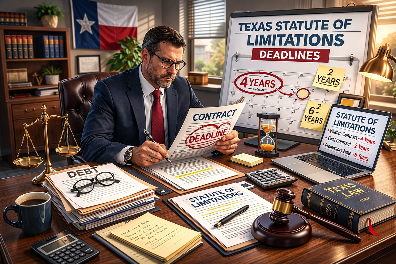Texas attorney reviewing contract and debt documents with calendar showing lawsuit deadlines under statute of limitations