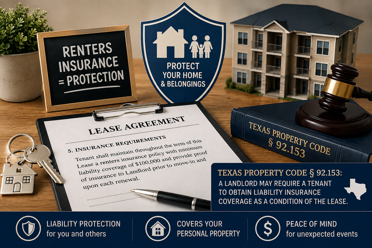 Texas residential lease agreement with renters insurance requirement, apartment building model, house keys, and Texas Property Code § 92.153, illustrating a landlord's right to require renters insurance under Texas law.